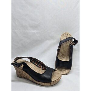 Crocs A Leigh Black Leather Cork Wedge Heel Slingback Sandal Shoes 11848 Women 6